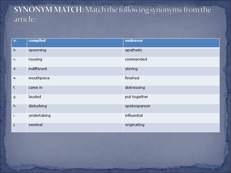 SYNONYM MATCH: Match the following synonyms from the article: